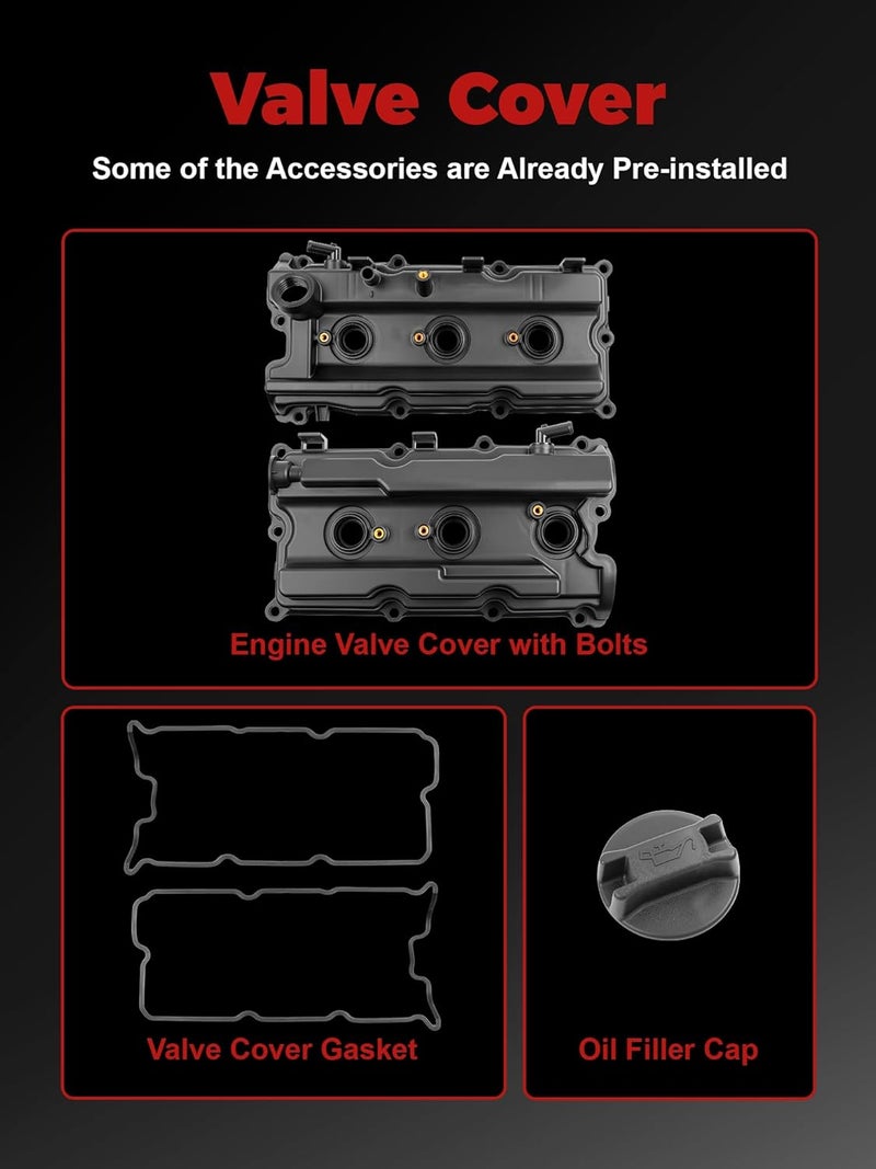 PYHAUTO Valve Covers Compatible with 2005-2015 Xterra Pair Left Right Engine, 2005-2019 Frontier, 2005-2012 Pathfinder, with Oil Filler Caps and Gaskets and Bolts Replace 13264-EA200 13264-EA210 - Image 4